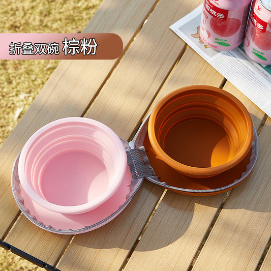Pet Silicone Folding Bowl-pink plus brown